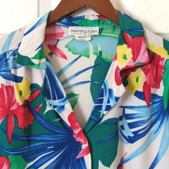 Bloomingdale's 80's Vintage Bright Tropical Short Sleeve Button Down Shirt Large - Picture 2 of 12